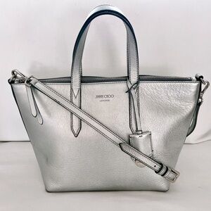 Jimmy Choo Silver Leather Bria Crossbody Tote Medium
